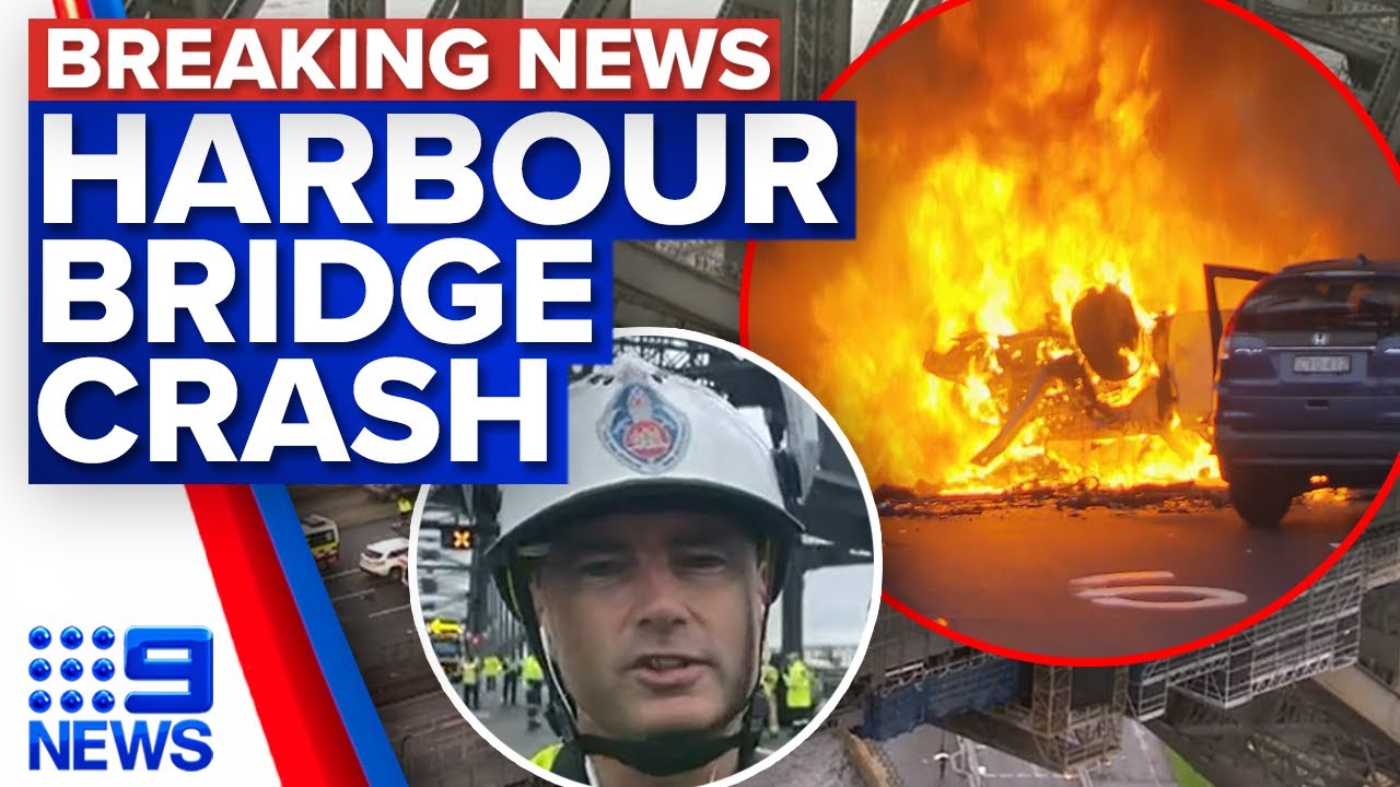 Car-bursts-into-flames-after-head-on-crash-on-Sydney-Harbour-Bridge-9-News-Australia