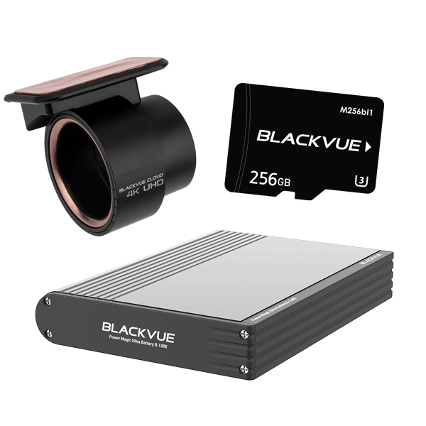 BlackVue dash cam accessories (mount, microSD card, B-130X battery)